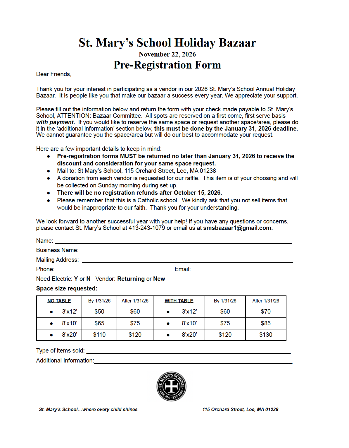 2026 Holiday Bazaar Registration Form